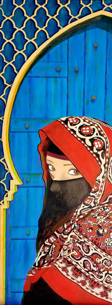 regard de femme marocaine avec voile rouge et noir devant grande porte bleue de riad