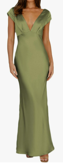olive green satin dress with v neck