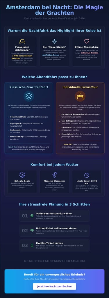 Infographic about Amsterdam canal cruises at night featuring tour options, benefits, and a three-step booking guide.