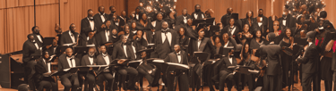 a christmas choir of people in formal attire standing in front of a stage