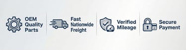 A sign showing YND Autoparts offers OEM parts, Fast Shipping, Verified Mileage & secure Payments