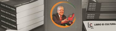 Collage: Pila de Libros con la Imágen del Escritor Ramón H. Romero, y el Logo de "Libro es Cultura"