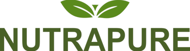 Nutrapure health supplement logo featuring green leaf icon and bold serif brand text.