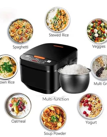 Multi-function digital rice cooker surrounded by bowls of rice, spaghetti, oatmeal, and yogurt.