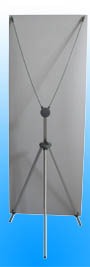 Durable aluminum X-frame banner stand for portable marketing displays and trade show signage.
