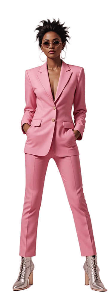 kvinnlig modell i rosa kostym och silver boots