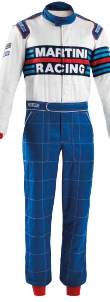 White and blue Sparco Martini Racing suit featuring iconic striped graphics for professional drivers.