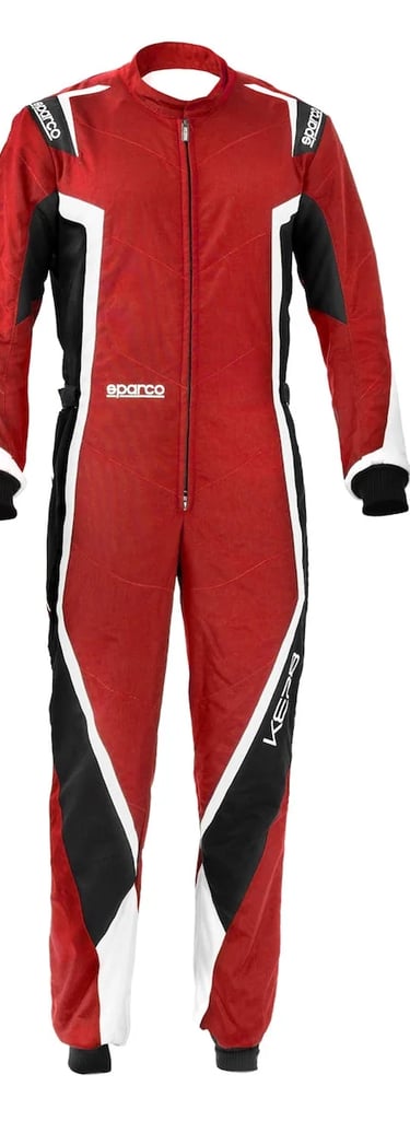 Red Sparco racing suit with black and white accents for professional motorsport safety and performance.