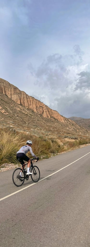 a person riding a bicycle on a road in Cholpon Ata by Dmitry Limonov