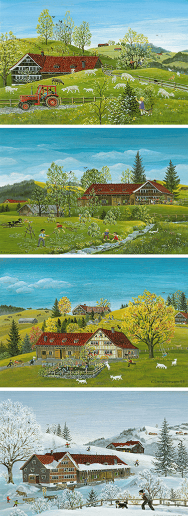 a painting of a farm scene with a farm and a barn