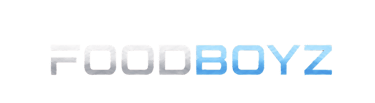 Foodboyz modern logo text with silver and blue gradient font on a black background.