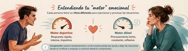 Infografía que compara la velocidad de respuesta emocional utilizando metáforas de coches deportivos
