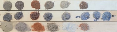 BOTTOM: examples of texture fillers MIDDLE: texture mixed with glue TOP: glue coloured with dust