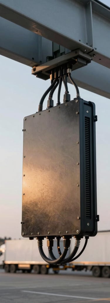 Close-up of ruggedized sensor hardware installed on a logistics yard gantry, late afternoon flood lighting, power and data cables routed along the structure, concrete yard surface and parked trailers visible below