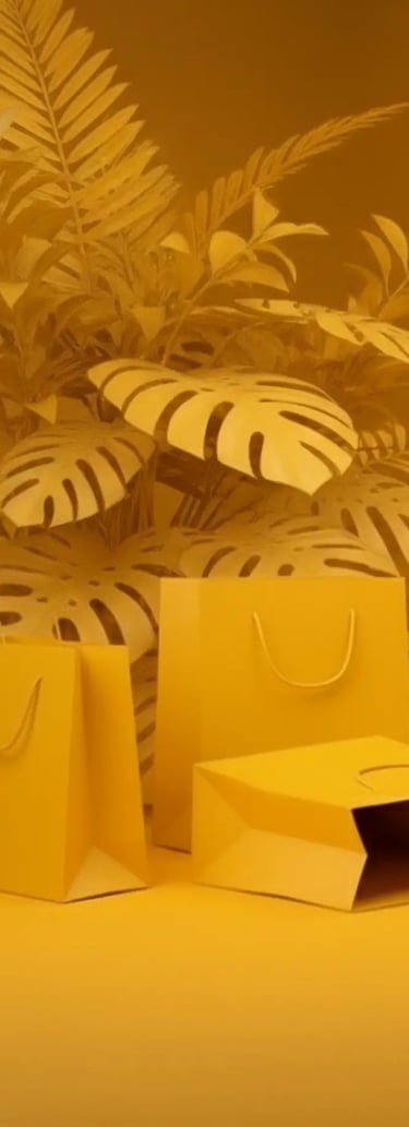 um grupo de recortes de papel  em formato de folhas com um sacolas de papel