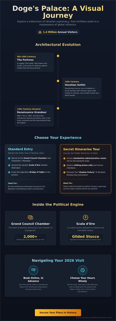 Infographic about Doge's Palace in Venice detailing architectural evolution, tour options, and visitor tips.