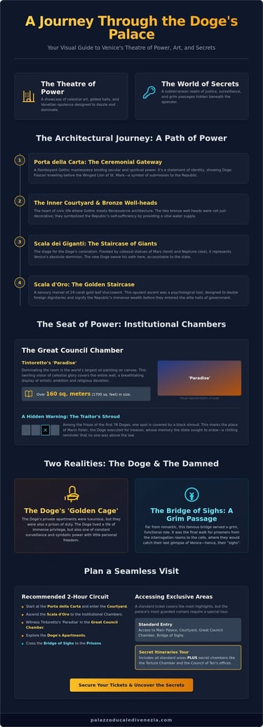 An educational infographic about Doge's Palace in Venice featuring the Golden Staircase and Bridge of Sighs.