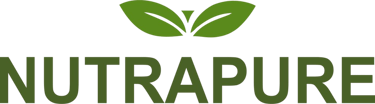 Nutrapure health supplement logo featuring green leaf icon and bold serif brand text.