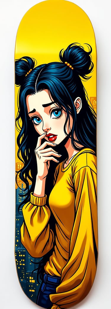 Custom skateboard deck featuring pop art illustration of an anime girl with blue hair on yellow background.