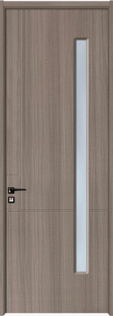Modern interior wood door in grey oak finish with vertical frosted glass insert and black handle.