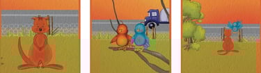 three different illustrations of a kangaroo 2 birds on a branch and a bird flapping its wings