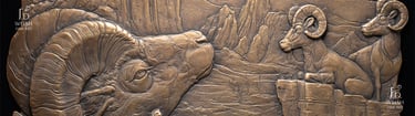 Ridge Fire Refuge - Bighorns in the Garden - Bronze relief sculpture - Jeremiah D Welsh