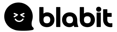 Black Blabit bubble with closed-eye smile and white facial features next to black 'blabit' text logo