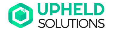 Upheld Solutions logo featuring a green hexagonal icon and a pixelated cube on a black background.