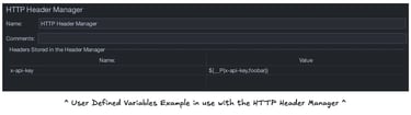 JMeter screenshot of User Defined Variables example in action