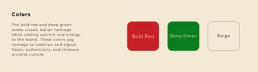 Massimo’s Pizza rebrand color palette with bold red, deep green, and beige.