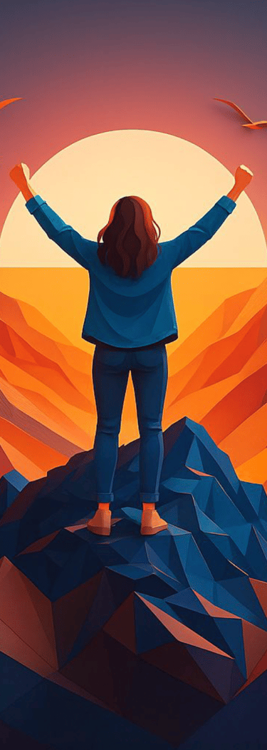 UNe femme en haut d'nue mmontagne levant les bras