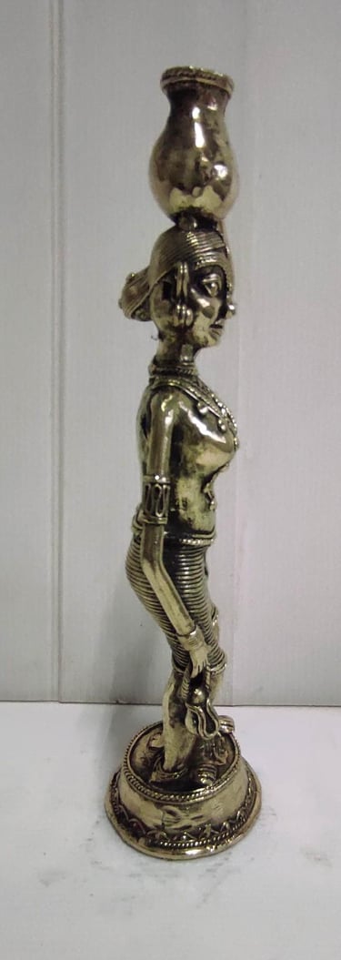 "Traditional brass tribal woman with pot–right side view-for export markets"