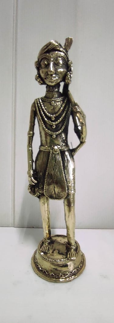 "Handcrafted Brass Tribal Man with Axe on Shoulder–Front View-Going abroad"