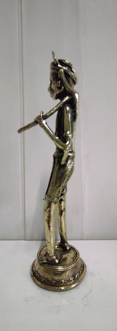 "Brass Tribal Man Sculpture Holding Axe–Left Side View-for foreign markets"