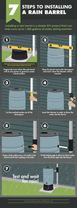 Infographic showing seven steps to installing a rain barrel for eco-friendly DIY garden water conservation.