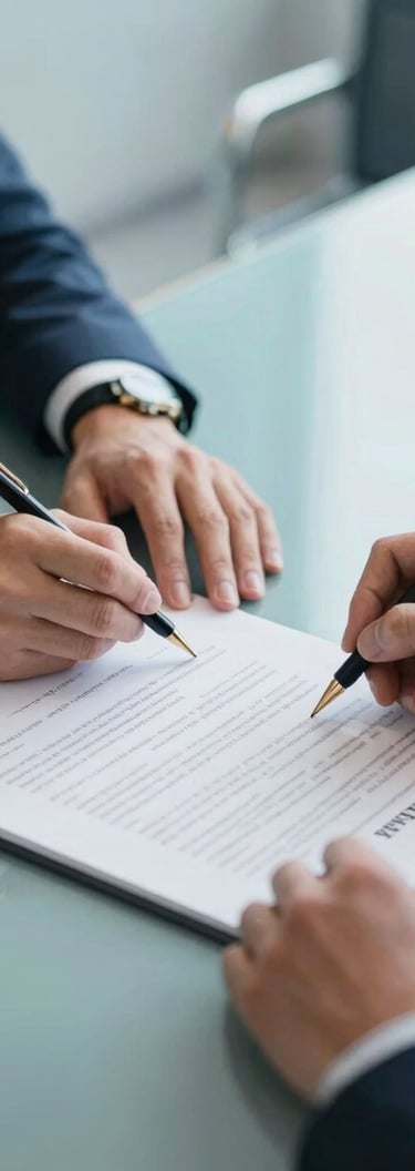 A detailed close-up of a professional partnership agreement being signed in a modern North American / Global Turkish corporate boardroom. The table reflects Soft Steel Blue and Muted Ocean Teal lighting, symbolizing trust and brand security.