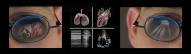 Ultrasound images of the lungs and heart with reflections of same in eyeglasses.