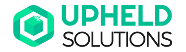 Upheld Solutions logo featuring a green hexagonal icon and a pixelated cube on a black background.