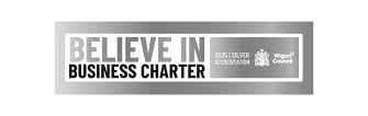 Wigan Council Believe in Business Charter 2025 Silver Accreditation logo on a silver background.