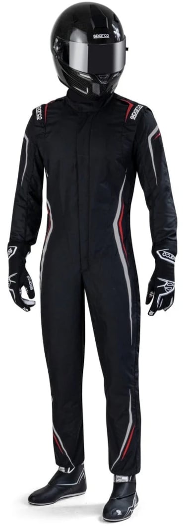 Professional Sparco racing suit in black with matching helmet and gloves for motorsport safety.