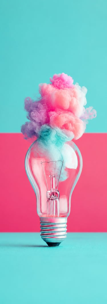Ampoule transparente laissant échapper une fumée pastel mauve et rose, illustrant l'idée créative au cœur d'une collaboration