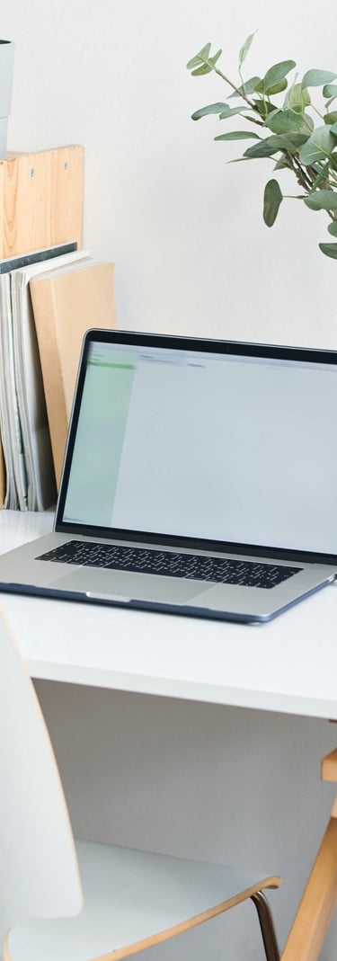 Laptop on a white desk, with houseplants and notebooks around