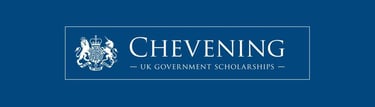 Chevening Scholarships logo with a blue banner, white text, and a white UK coat of arms at the top
