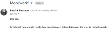 screenshot e-mail Patrick Bernauw 'ik ben bijzonder blij met je redactiewerk'