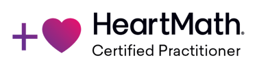 Official HeartMath Certified Practitioner logo with a purple heart icon for stress relief coaching.