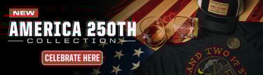Nine Line Apparel America 250th Collection banner featuring whiskey glass, American flag, and patriotic clothing. Shop the co