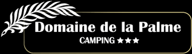 Domaine de la Palme 3-star camping logo featuring a white palm leaf on a black background.