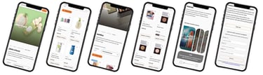 Six mobile phones displaying a beauty e-commerce app with skincare products and makeup catalogs.