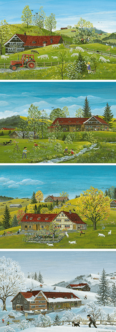 a painting of a farm scene with a farm and a barn