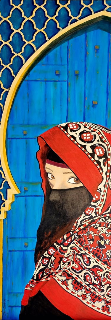 regard de femme marocaine avec voile rouge et noir devant grande porte bleue de riad